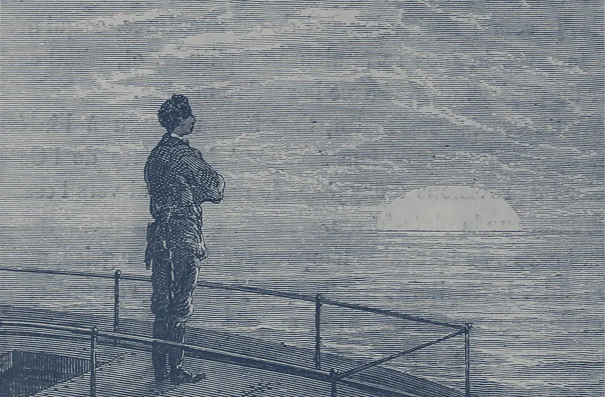Incisione ottocentesca in toni di blu: un uomo con le braccia incrociate, in piedi sulla piattaforma del Nautilus, guarda il mare calmo al tramonto, con il sole che tocca l'orizzonte.