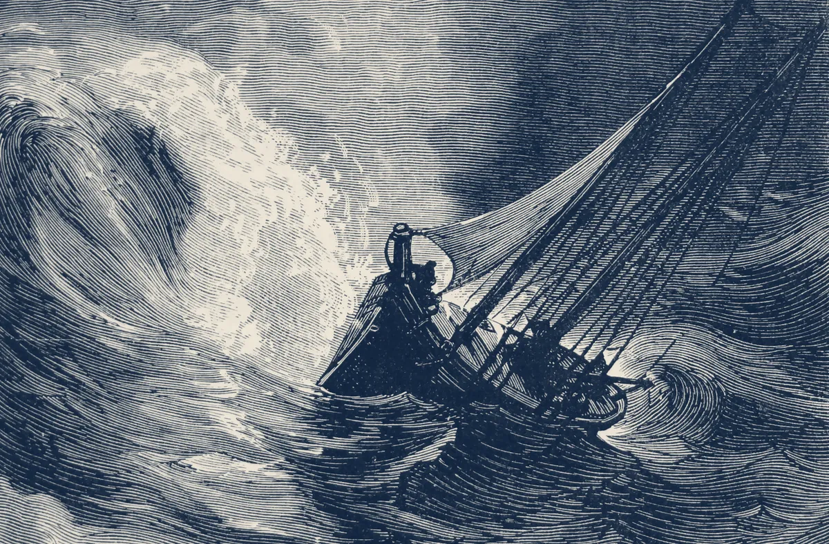 Incisione ottocentesca in toni di blu: un piccolo cutter a vela, scosso da un'onda alta e spumeggiante, affronta il mare in tempesta sotto un cielo scuro.