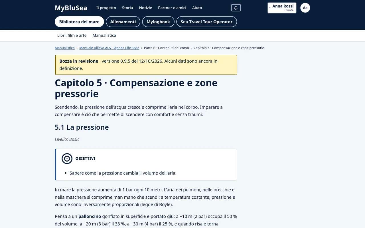 Schermata di un capitolo del Manuale Allievo ALS: titolo, introduzione, riquadro degli obiettivi e testo di studio.