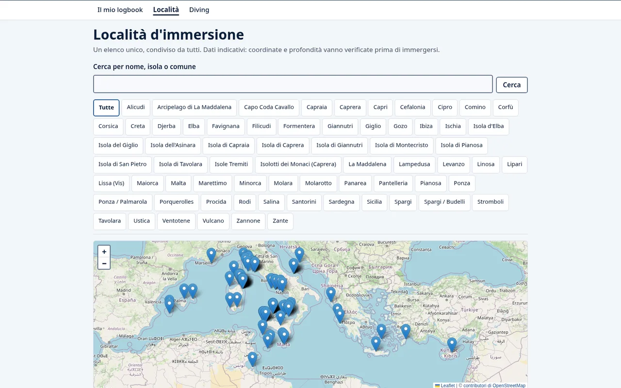 Schermata delle località di Mylogbook: la ricerca, i filtri per isola e la mappa del Mediterraneo con i segnaposto delle località.