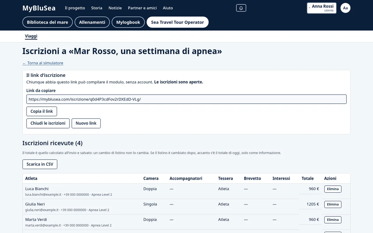 Schermata delle iscrizioni a un viaggio: il link d'iscrizione da copiare e la tabella delle iscrizioni ricevute con camera e totale.